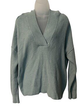 Aerie Waffle Knit Hooded Sweater Pullover Greenish Blue Oversized Size Small